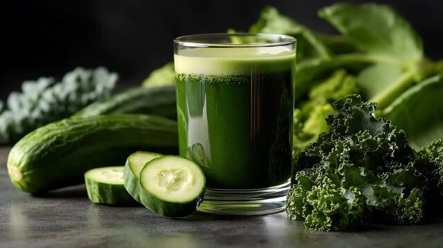 Refreshing cold pressed green juice in a glass with fresh kale, spinach, and cucumber. Detox smoothie, Healthy eating concept