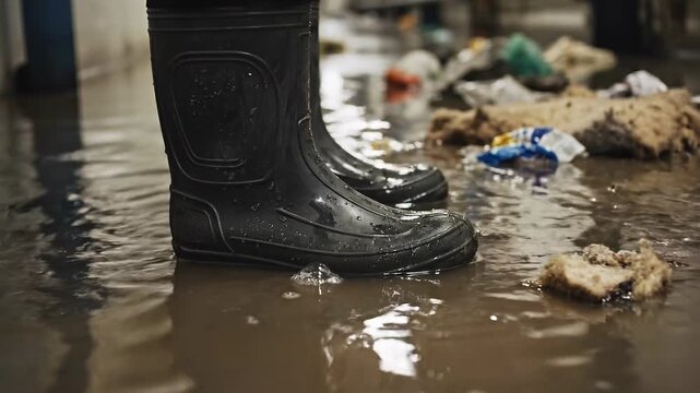 Close-up of man's rubber boots in flood concept. Close up of black rubber boots standing in muddy flooded water with debris on the floor