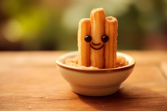 Anthropomorphic churros with smiling face standing in a bowl of sugar on a wooden surface