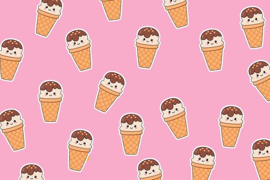 A colorful pattern of cartoon ice cream cones on a pink background