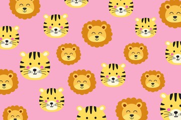 Fototapeta premium A colorful pattern of cartoon animal faces on a pink background