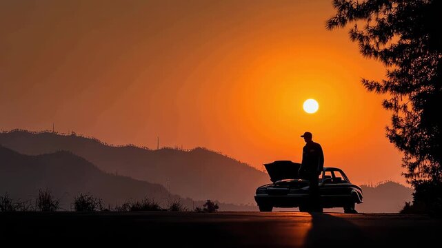 Mechanic checks car engine at sunset on a quiet road near mountains with silhouette and warm colors in the sky
