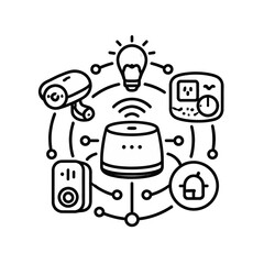 Naklejka premium Smart home central hub icon connecting various smart devices like security camera, light bulb, smart speaker, and thermostat