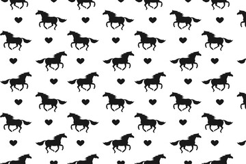 Obraz premium A seamless pattern of black horse silhouettes and hearts on a white background