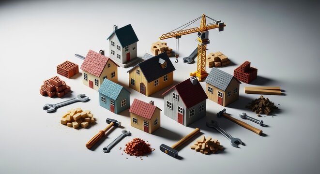 Miniature houses, construction tools, and building materials representing real estate development