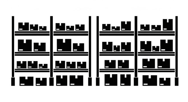 A minimalist vector graphic illustration of a storage rack with multiple shelves and boxes