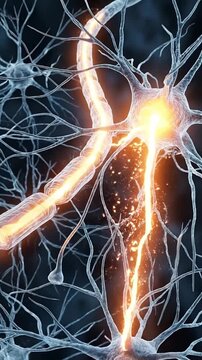 Neural network neuron synapse nerve stress signal traveling nerves impulse, close up glowing brain axon myelin with electric neural impulse signal traveling along nerves through brain tissue pathway