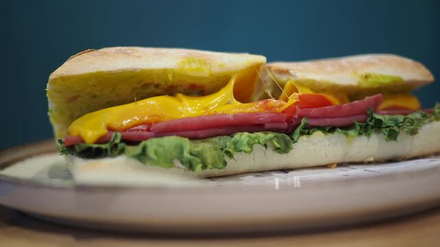 Macro shot of delicious panini sandwich with melted yellow cheese and savory ham on plate.