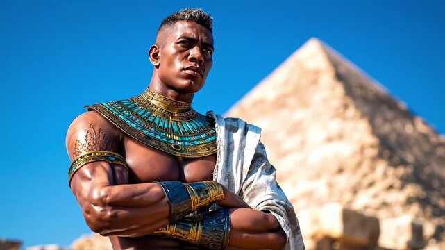 A man standing in front of a pyramid with his arms crossed