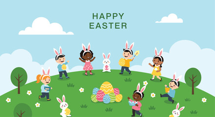 Fototapeta premium Happy diverse kids wearing bunny ears and playing together on a grassy hill filled with Easter eggs and flowers.
