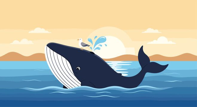 Large whale swimming through deep blue ocean waves with a seagull on its back during a peaceful evening at sunset.