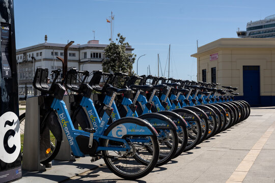 LA CORUNA, SPAIN - MARCH 27, 2026:  Bicicoruna rental hire bike station