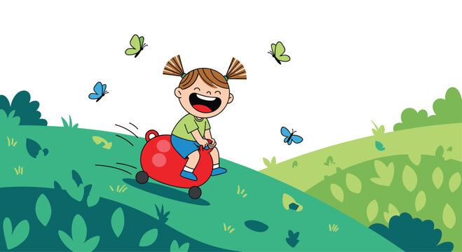 Joyful girl with pigtails riding a red hopper ball down a green grassy hill surrounded by colorful butterflies.