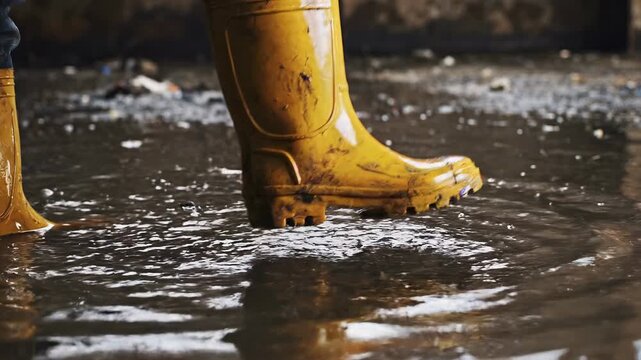 Close-up of man's rubber boots in flood concept. Close up of yellow rain boots splashing in muddy water puddle on rainy day outdoors
