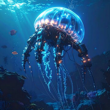 Cybernetic jellyfish swims in an ocean with fish and coral