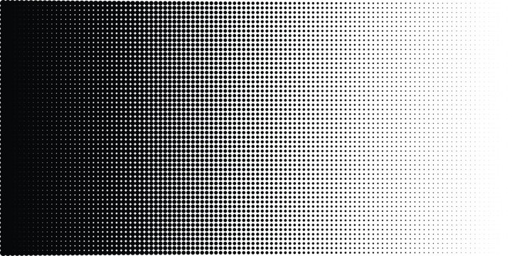 Black and white halftone dotted gradient background. Linear transition pattern with stipple effect for modern graphic design, banner, and minimalist web backdrop. Vector Illustration.