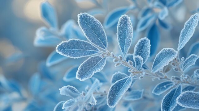 84.Detailed view of mistletoe sprigs enveloped in a thin layer of frost, intricate crystalline patterns highlighting leaf veins, cool bluish tones adding depth and a serene frozen mood.