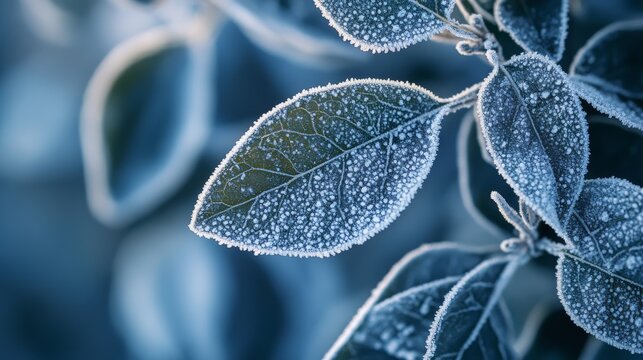84.Detailed view of mistletoe sprigs enveloped in a thin layer of frost, intricate crystalline patterns highlighting leaf veins, cool bluish tones adding depth and a serene frozen mood.