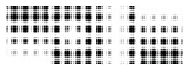 Fototapeta premium Abstract black halftone square gradient set on white background. Modern digital stipple effect collection for video transitions, cinematic overlays, and minimalist graphic design templates.