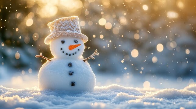 79.Festive snowy landscape with a friendly snowman featuring a reflective bucket hat, sculpted snow body, subtle shadows, and a backdrop of softly blurred snowfall creating a dreamy winter mood.
