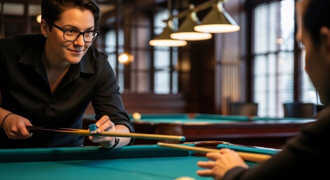 Focused Woman Chalking Billiard Cue During a Friendly Game in a Classic Pool Hall Atmosphere