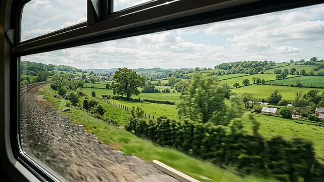 train window view countryside landscape with green fields and hills