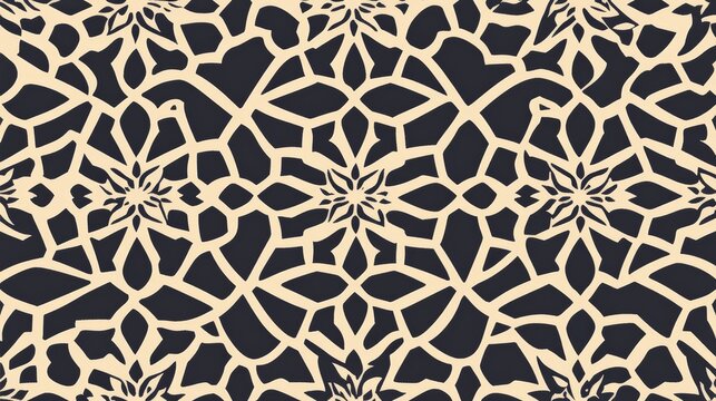 94.Intricate seamless pattern with interlocking geometric lines inspired by traditional Islamic art, symmetrical star motifs and tessellations forming a balanced repeating structure in refined tones.