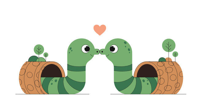 Two cute green worms face each other affectionately inside an orange tunnel with a small pink heart floating above them in the ground.