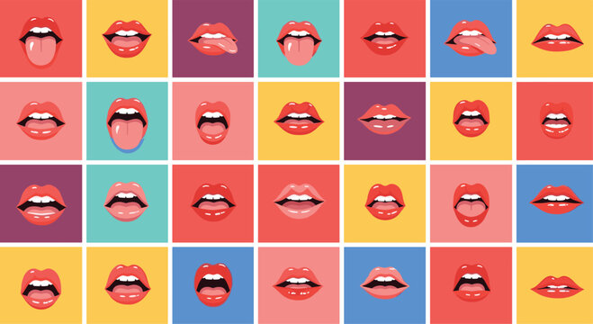 Pop art style grid featuring twenty-eight colorful squares with different mouth expressions showing teeth and sticking out tongues.