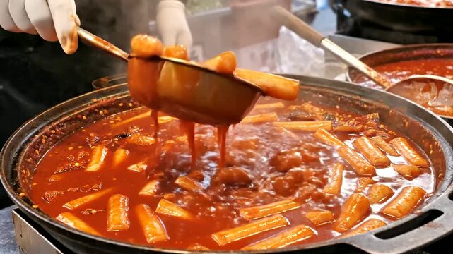 Preparing spicy tteokbokki korean rice cakes in a street food stall or cooking tteokbokki korean cuisine in a hot red sauce pan