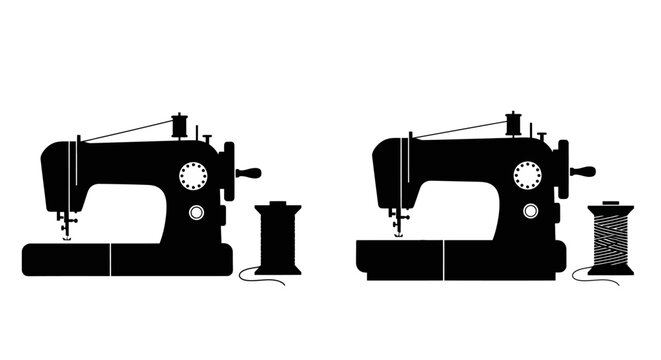 Two vintage sewing machines and spools depicted in a black silhouette