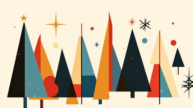 68.Playful minimalist holiday design with colorful geometric pieces forming trees, ornaments, and abstract winter symbols, enhanced by subtle textures and balanced spacing within a clean modern
