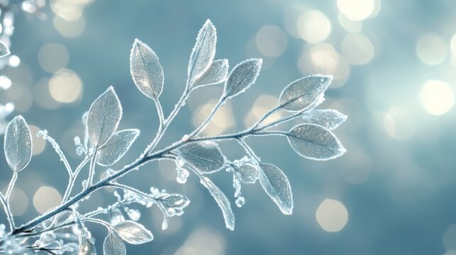 85.Natural mistletoe branches encased in delicate ice, frosted textures giving a glass-like appearance, soft diffused lighting enhancing the wintry sparkle and stillness of the scene.