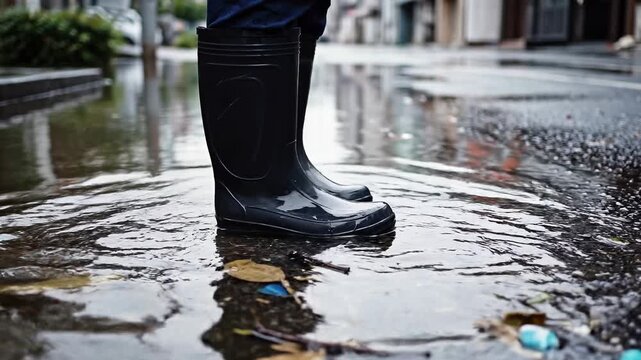 Close-up of man's rubber boots in flood concept. Black rain boots splashing in puddles on wet urban street after rain with reflections and water drops