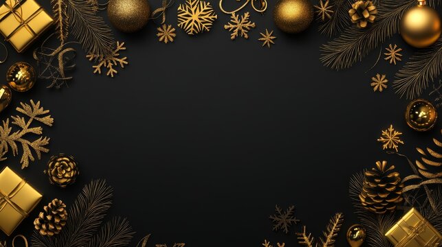 49.Opulent gold icon border featuring mistletoe, snowflakes, gift boxes, and candle shapes, glowing with reflective metallic textures over a smooth black background.