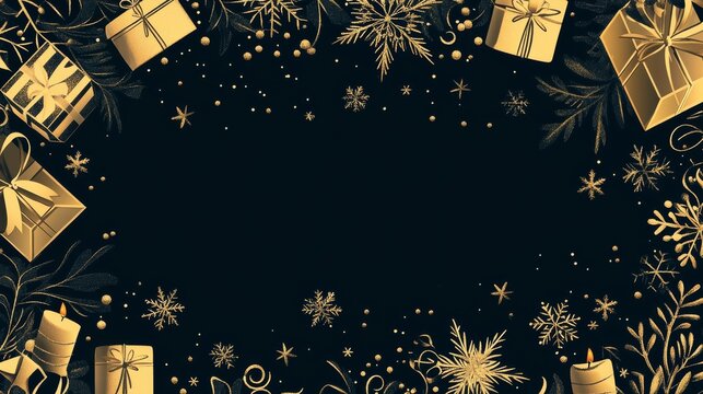 49.Opulent gold icon border featuring mistletoe, snowflakes, gift boxes, and candle shapes, glowing with reflective metallic textures over a smooth black background.
