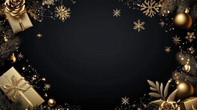 49.Opulent gold icon border featuring mistletoe, snowflakes, gift boxes, and candle shapes, glowing with reflective metallic textures over a smooth black background.