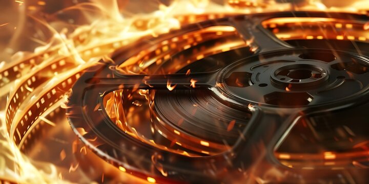burning film reel engulfed in intense orange flames