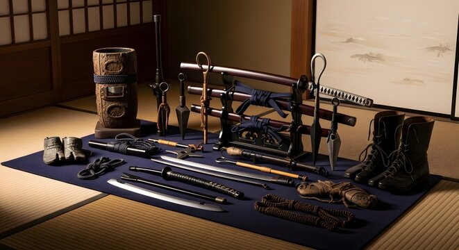 Collection of Traditional Japanese Samurai Swords and Armor Displayed on Tatami Mat.