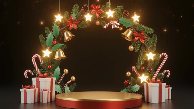3D cylinder stage podium empty, decorated with a Christmas wreath made of pine leaves, gift