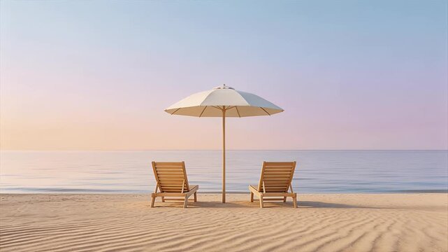 beach lounge chairs under umbrella at sunset overlooking calm sea