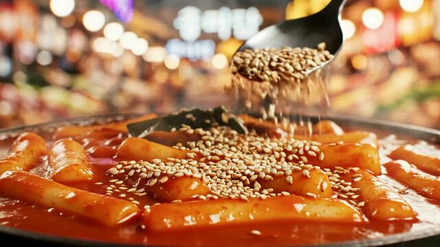Tteokbokki is prepared with sesame seeds in a street market or Korean rice cakes are sprinkled with sesame seeds on a pan in korea