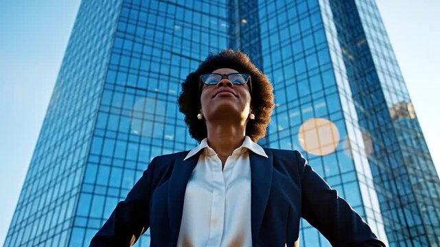 A confident professional woman stands in front of a modern glass skyscraper during the day