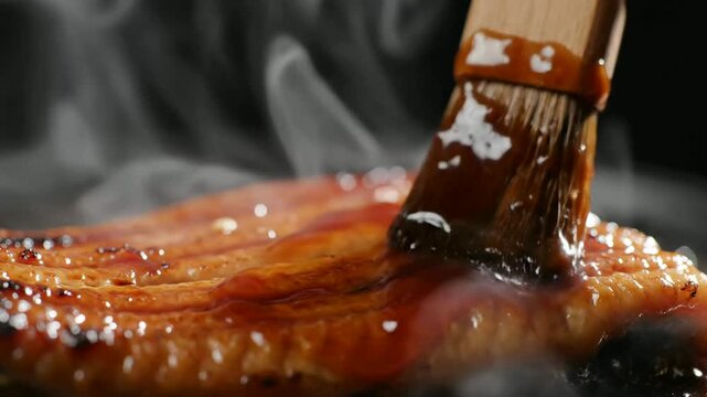 Brush spreading sauce onto delicious barbecued meat or Basting glaze on grilled eel with wooden brush