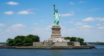 Fototapeta premium The statue of liberty national monument in new york harbor on a sunny day with blue sky and clouds