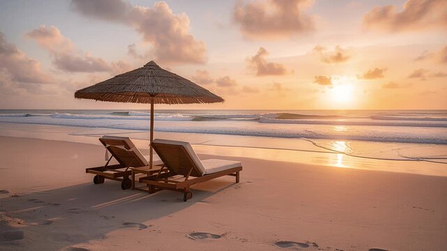 beach sunset lounge chairs under thatched umbrella on empty shoreline