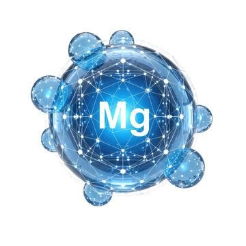 A massive, perfectly rendered, hyper-detailed icy blue translucent geometric sphere representing a magnesium atom, labeled 'mg', suspended in a transparent void, high-tech scientific visualization