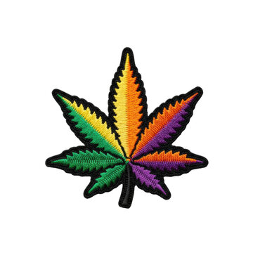 macro photograph of an ultra-detailed textile embroidered patch displaying a vibrant, stylized botanical leaf emblem against a transparent backdrop, commercial product detailing concept.
