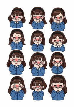 Cartoon Girl Various Emotions Faces.