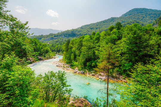 Wonderful Soca river and gorge in the green forest, kobarid, Slovenia. Kayaking destination in Slovenia in Triglav National park